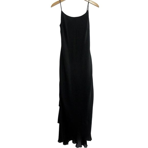 Vtg Black Slip Dress Sz 7/8 Spaghetti Strap Flutter Maxi Sheer Layered Chiffon - Picture 1 of 8